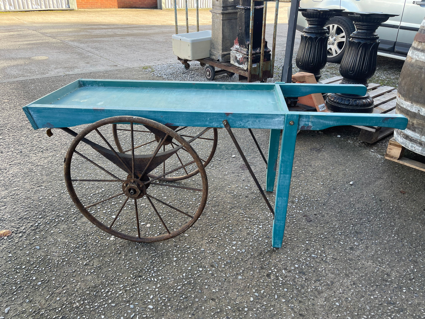 Vintage style display handcart with metal wheels
