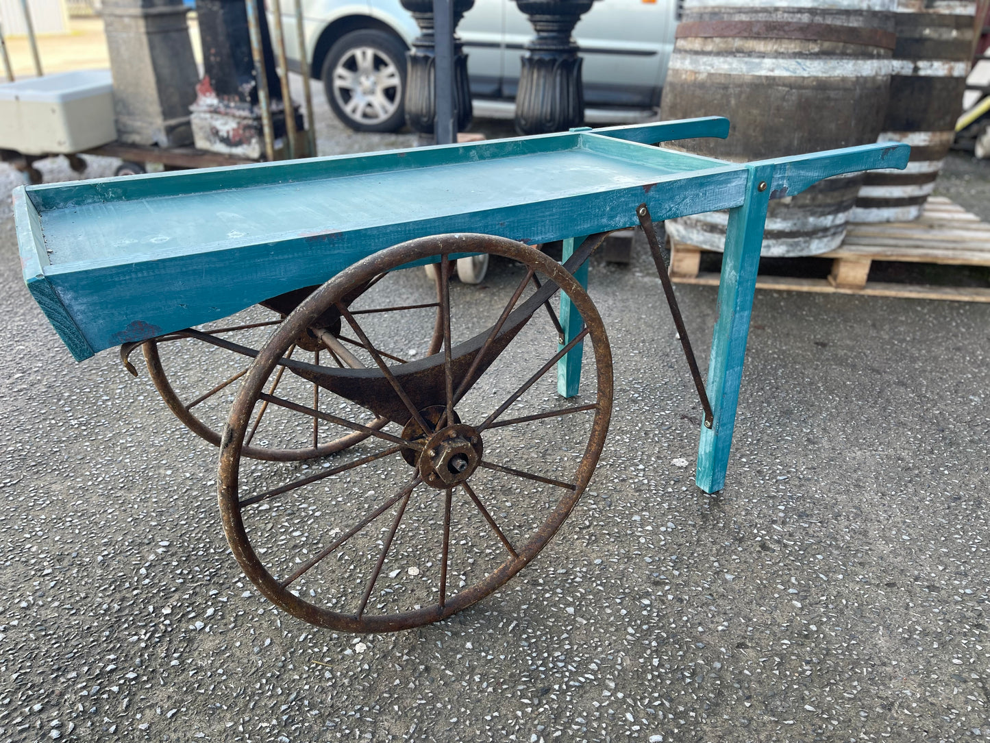 Vintage style display handcart with metal wheels
