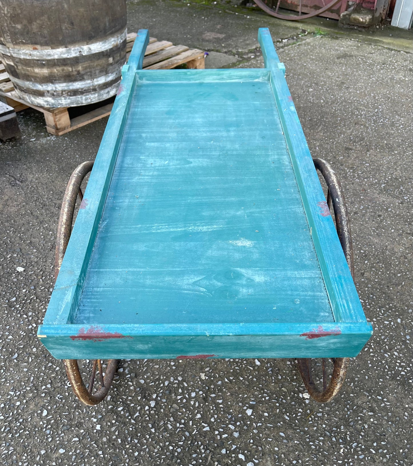 Vintage style display handcart with metal wheels