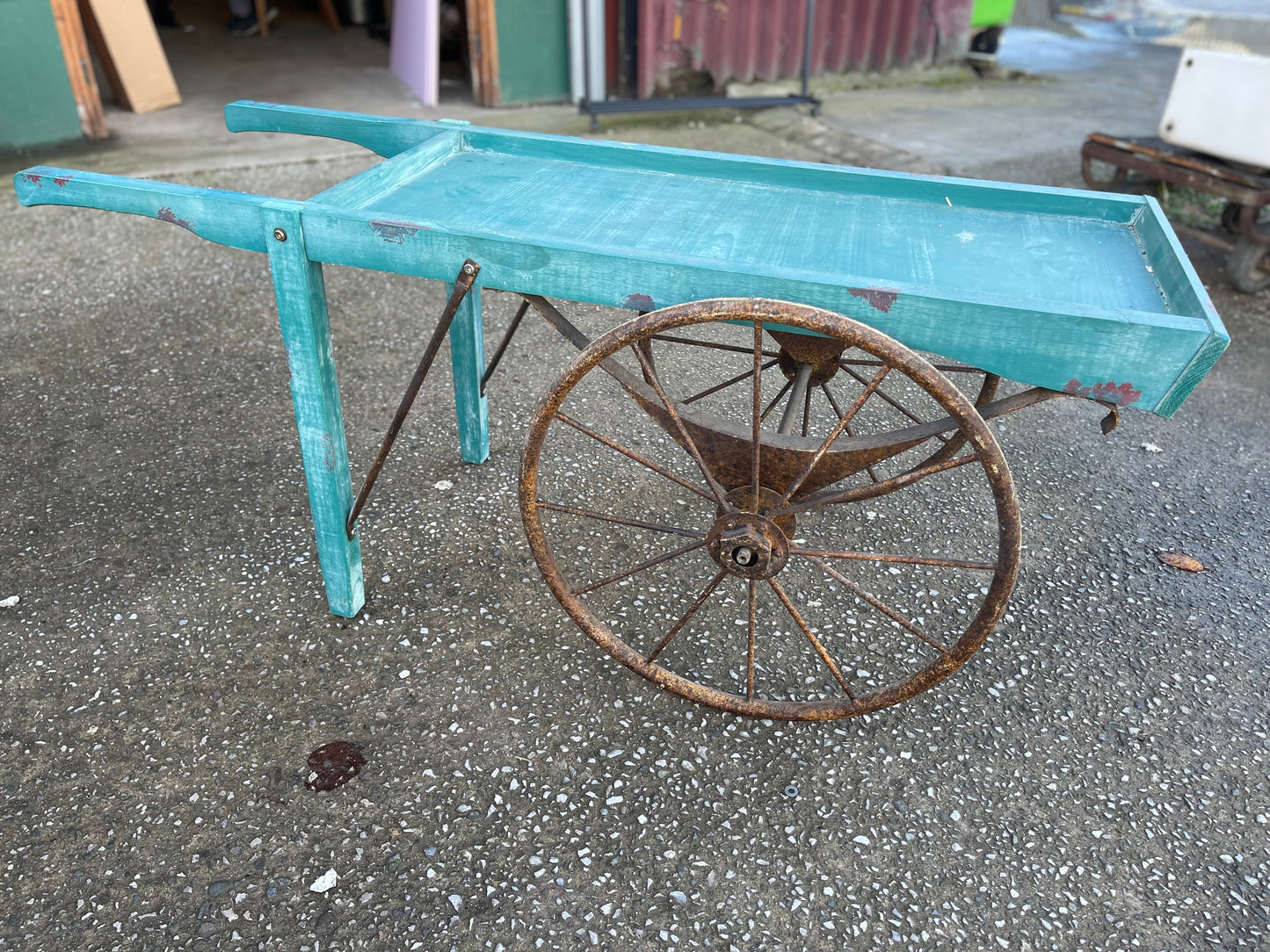 Vintage style display handcart with metal wheels