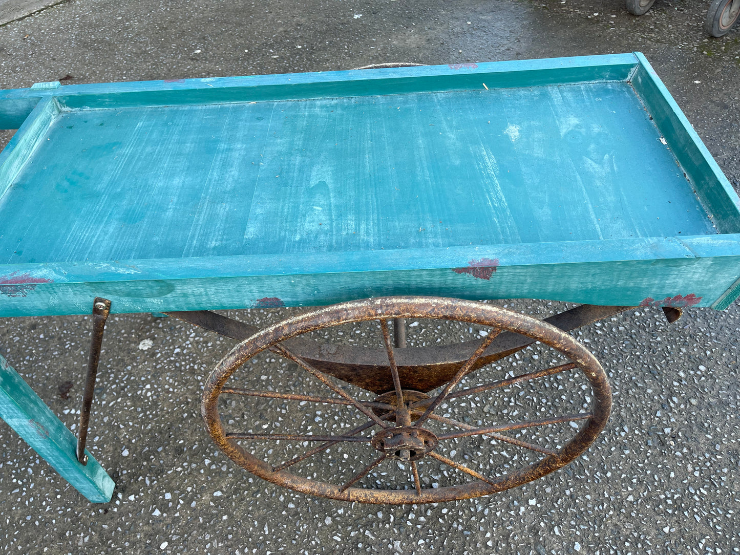 Vintage style display handcart with metal wheels