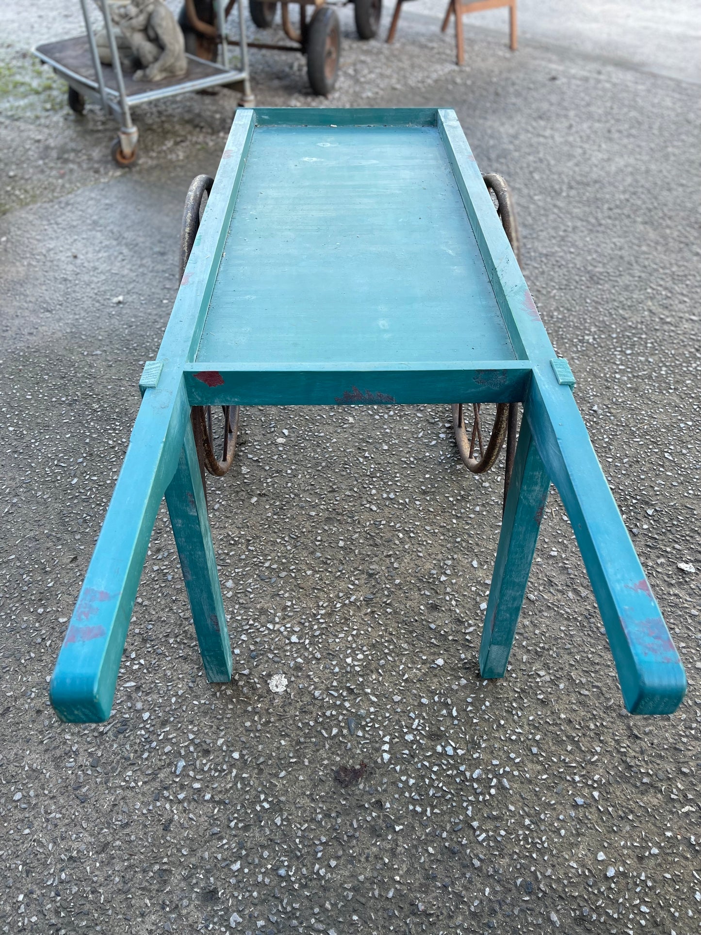 Vintage style display handcart with metal wheels