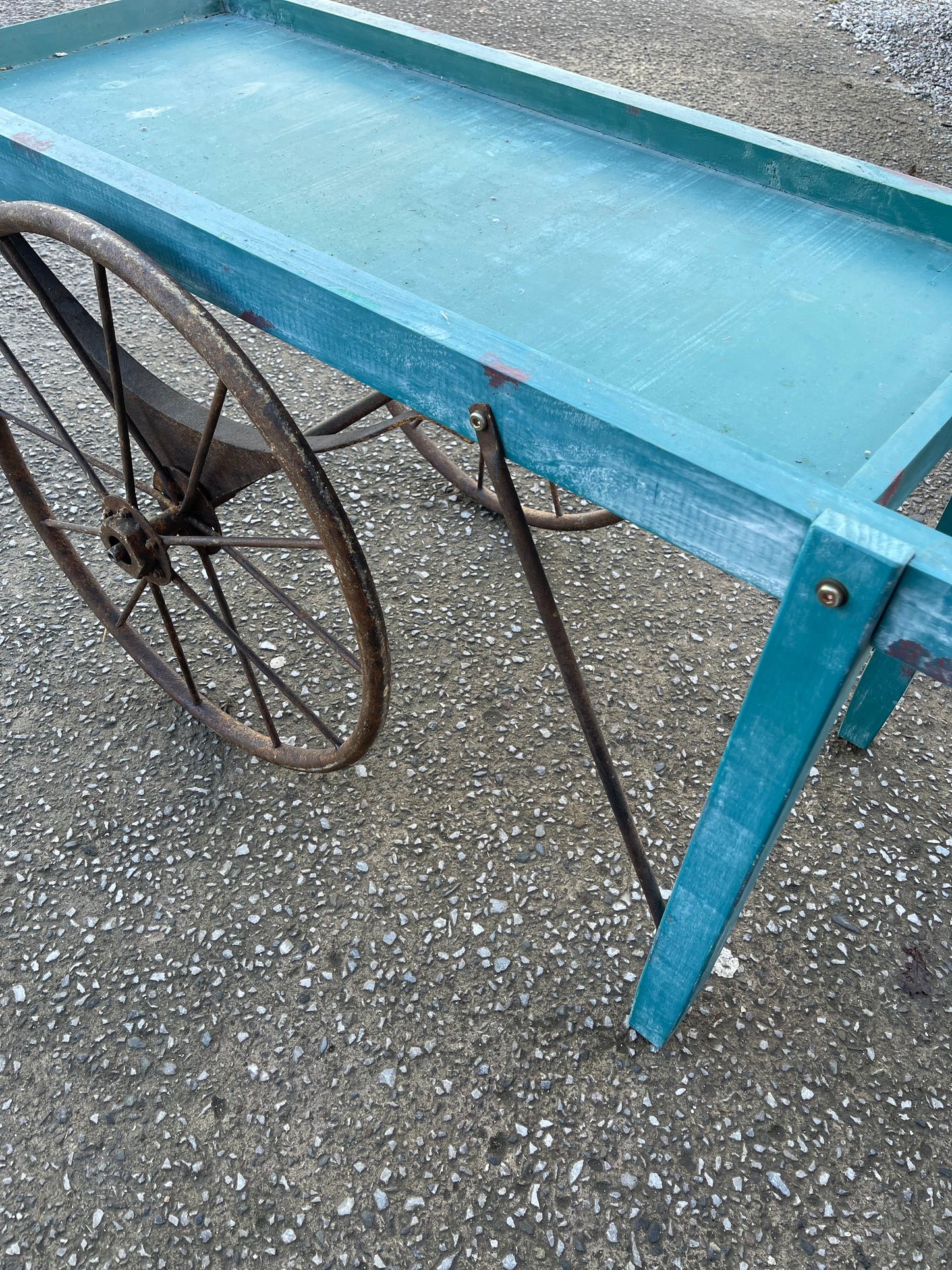 Vintage style display handcart with metal wheels