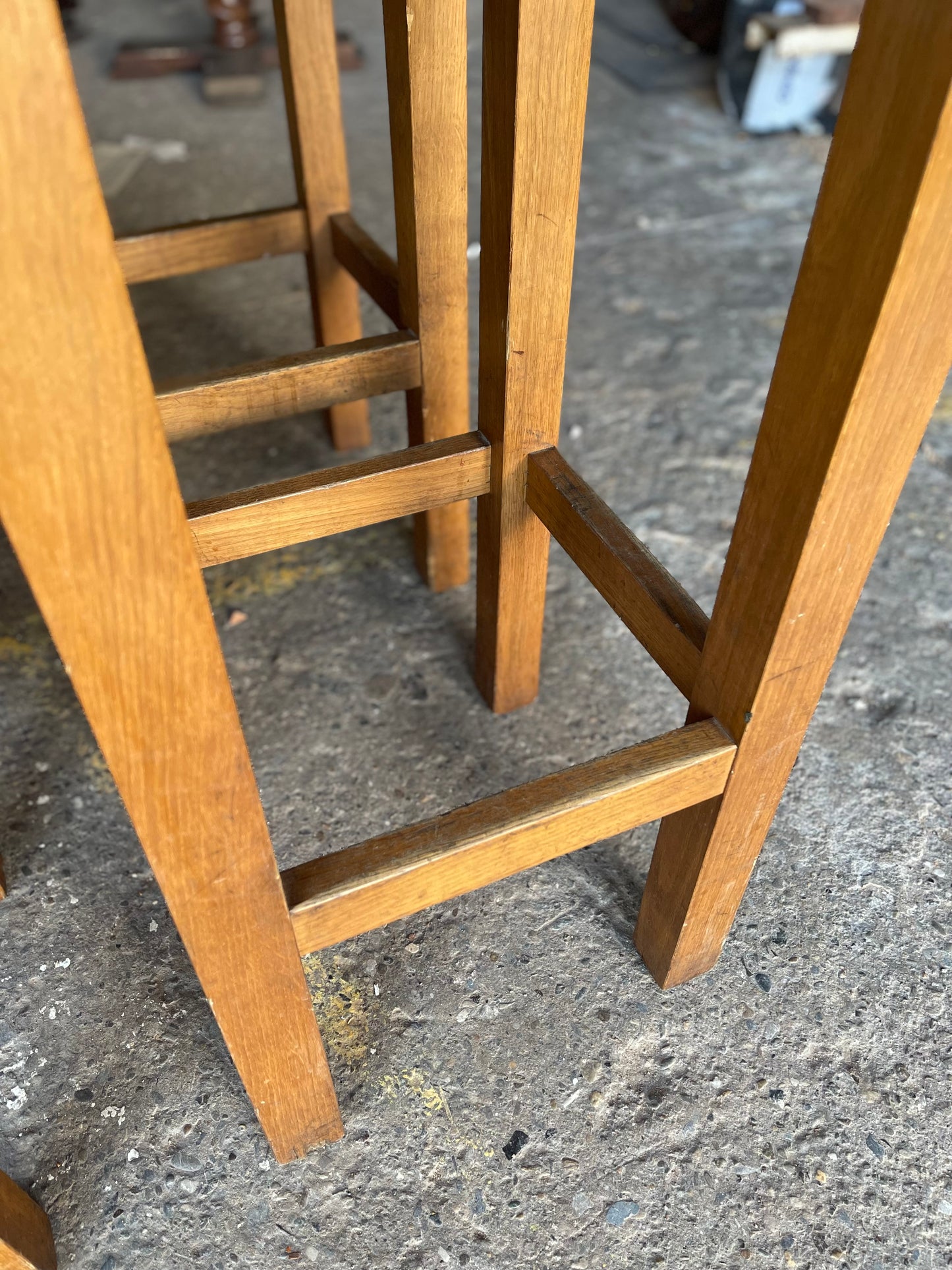 Matching set of 6 tan leather bar stools with square tops