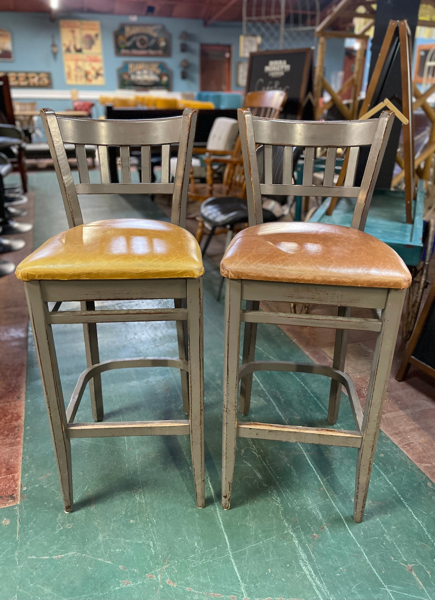 Pair of grey shabby chic bar stools