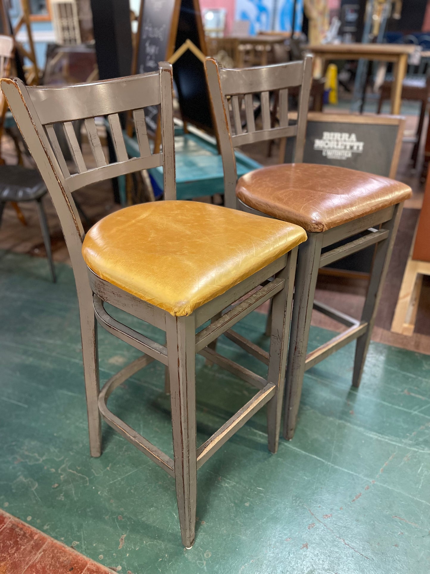 Pair of grey shabby chic bar stools