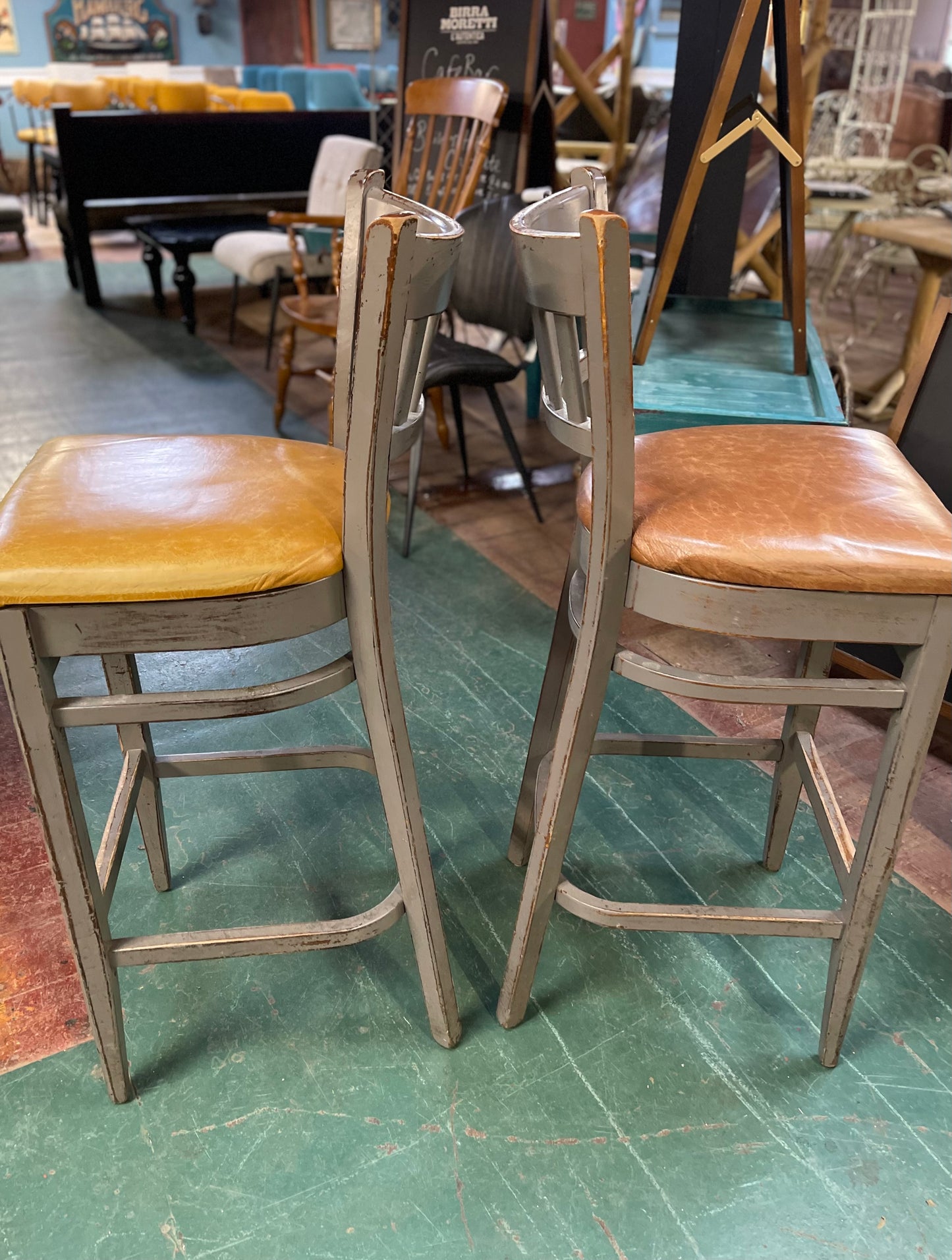 Pair of grey shabby chic bar stools