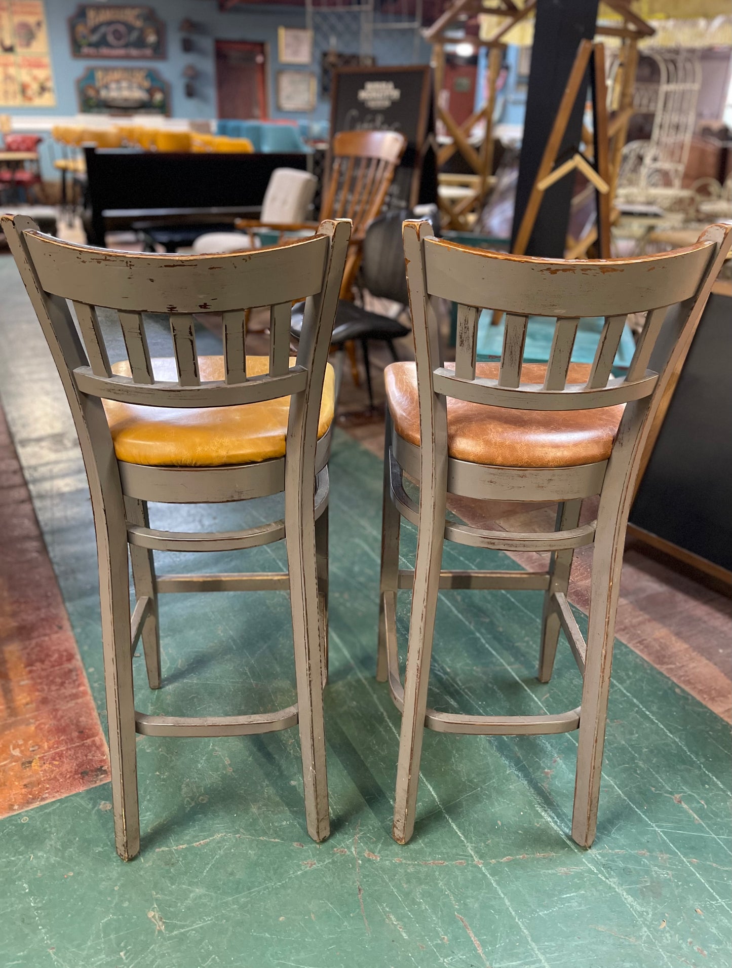 Pair of grey shabby chic bar stools