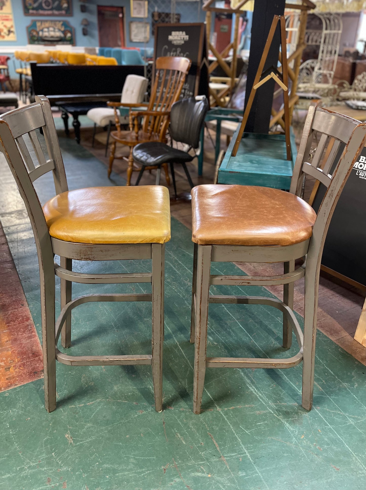 Pair of grey shabby chic bar stools