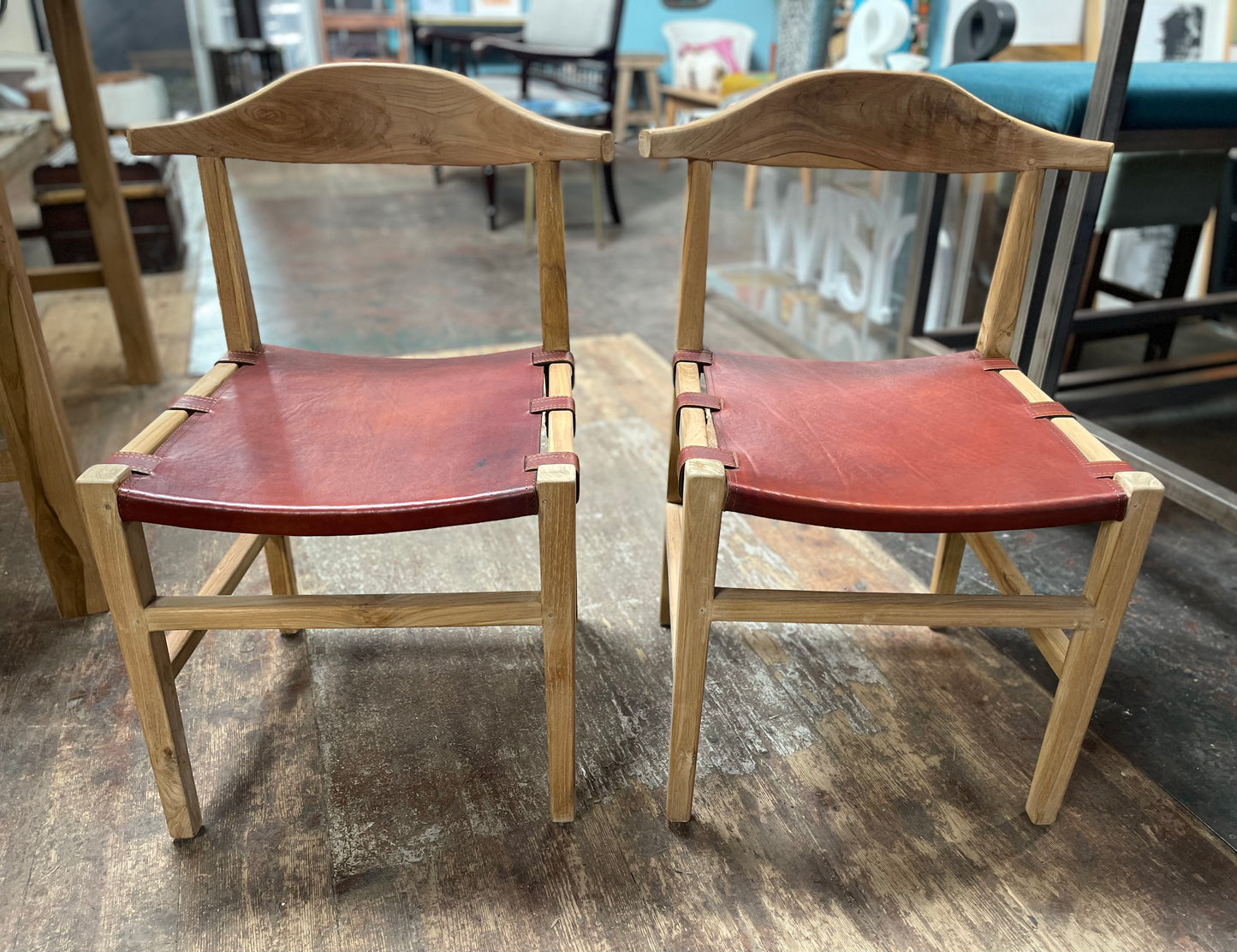 Set of 4 Scandi style light wood dining chairs with leather seats