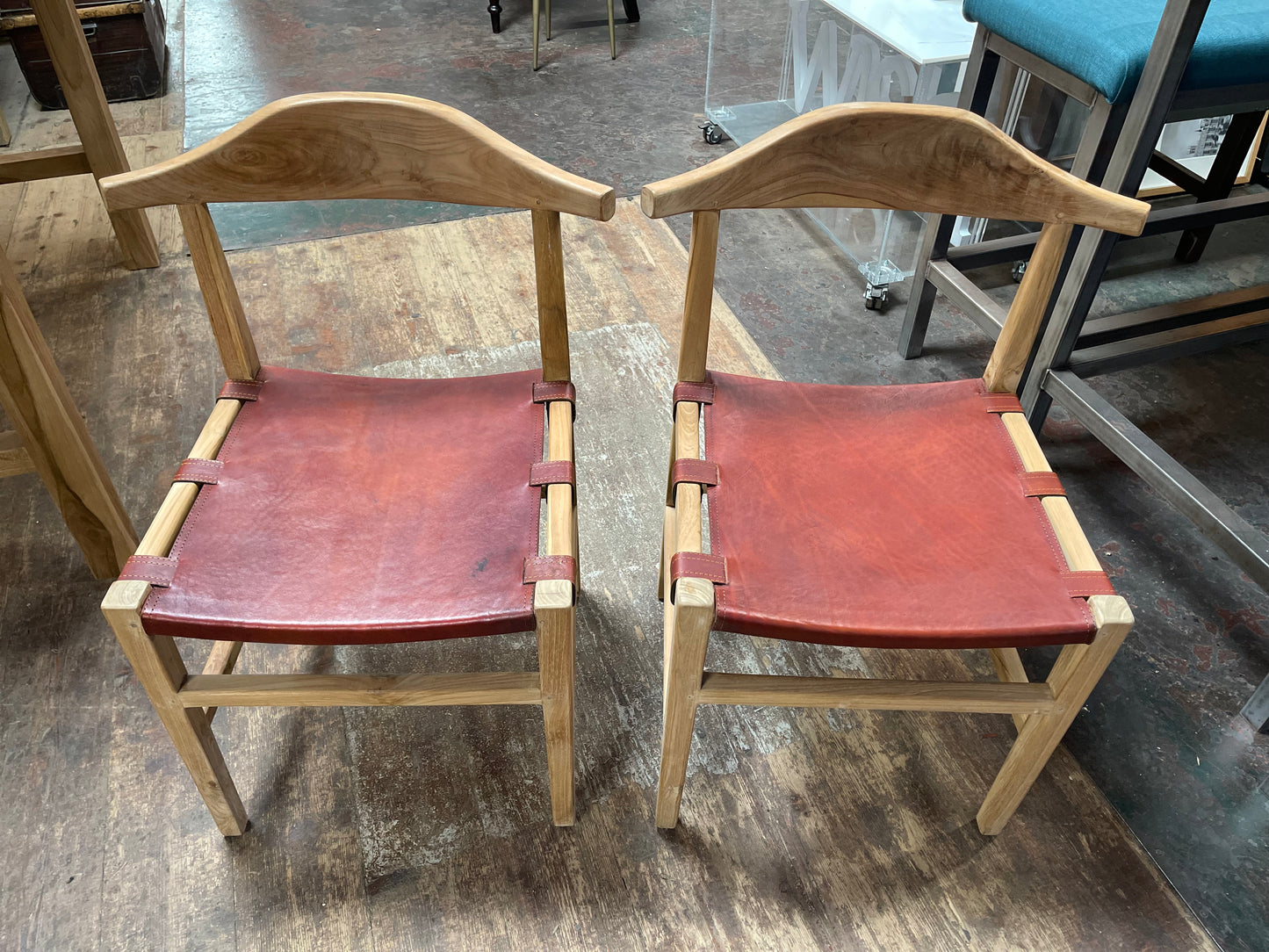 Set of 4 Scandi style light wood dining chairs with leather seats
