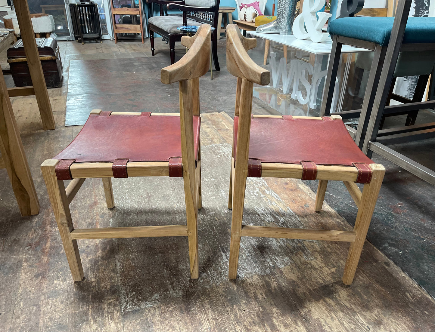 Set of 4 Scandi style light wood dining chairs with leather seats