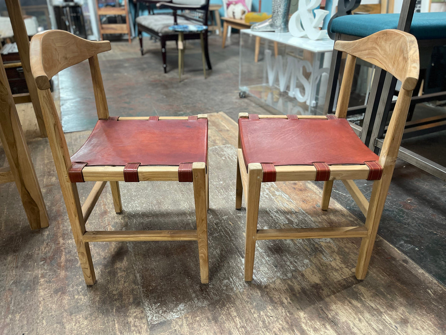 Set of 4 Scandi style light wood dining chairs with leather seats