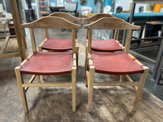 Set of 4 Scandi style light wood dining chairs with leather seats