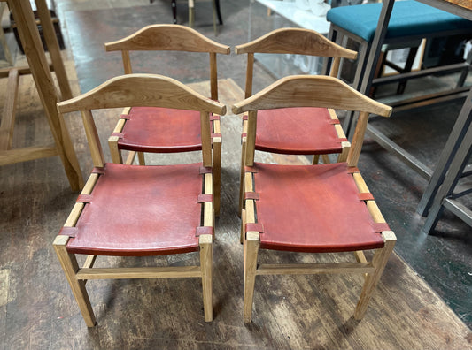 Set of 4 Scandi style light wood dining chairs with leather seats