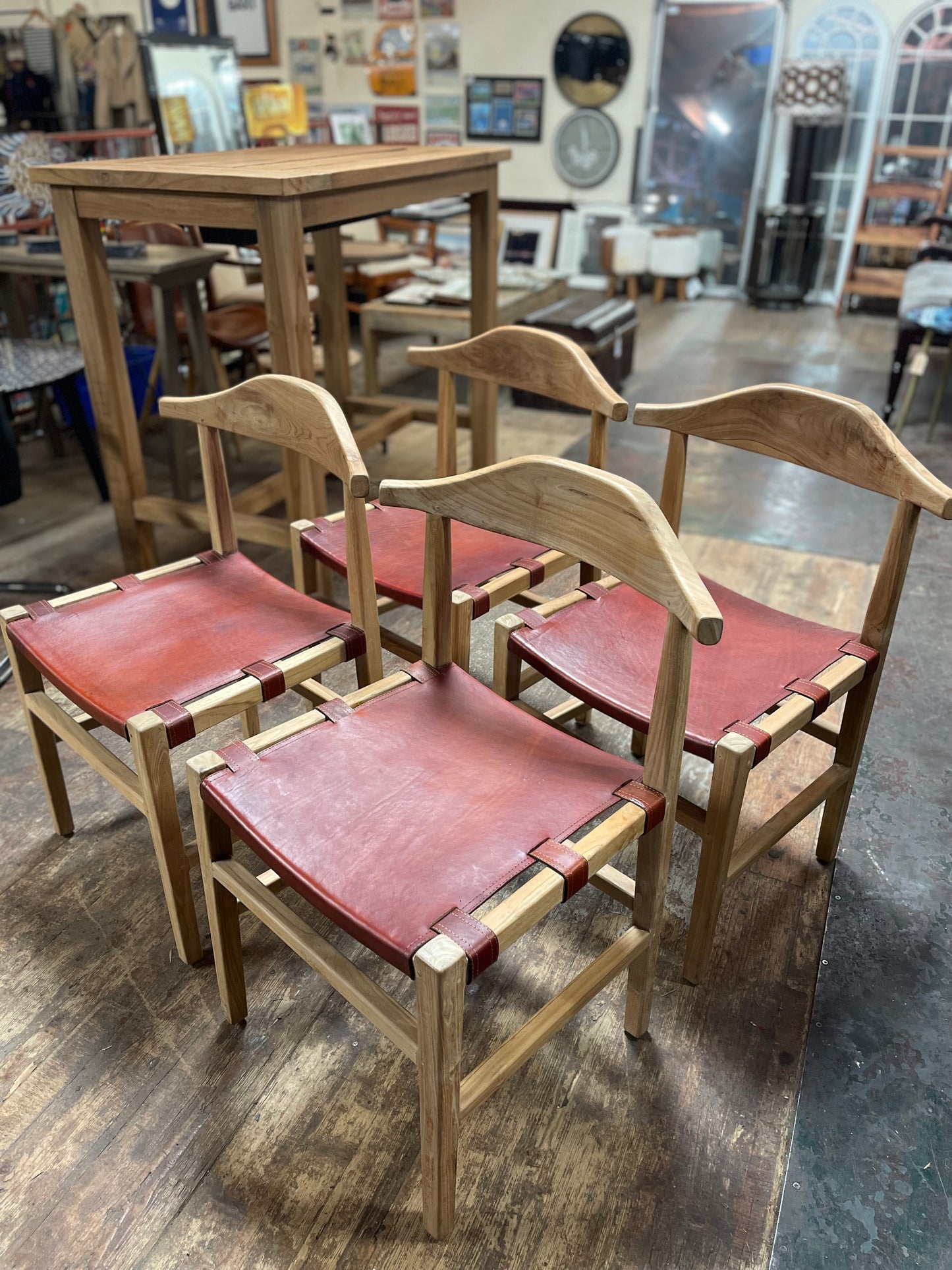 Set of 4 Scandi style light wood dining chairs with leather seats