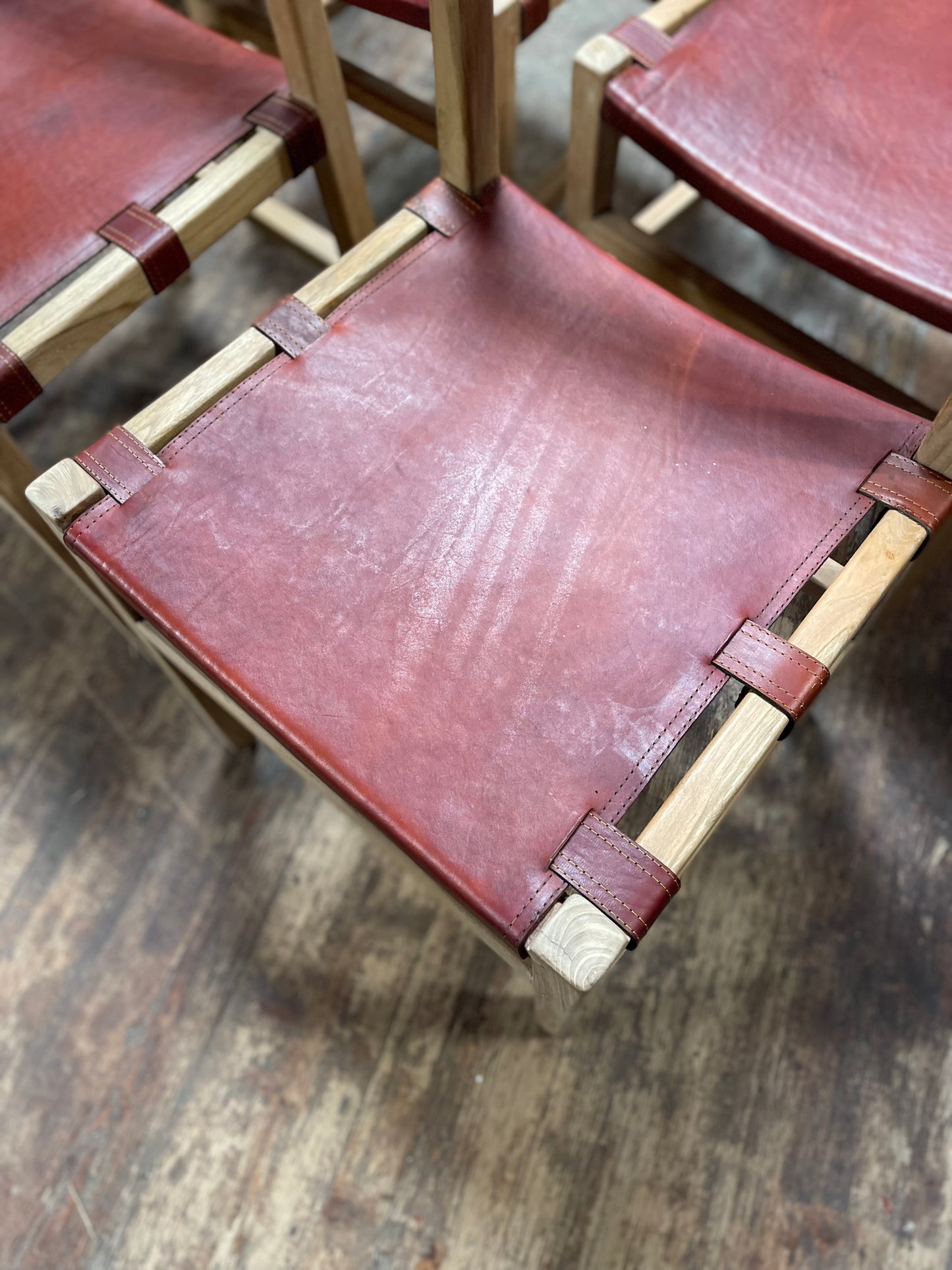 Set of 4 Scandi style light wood dining chairs with leather seats