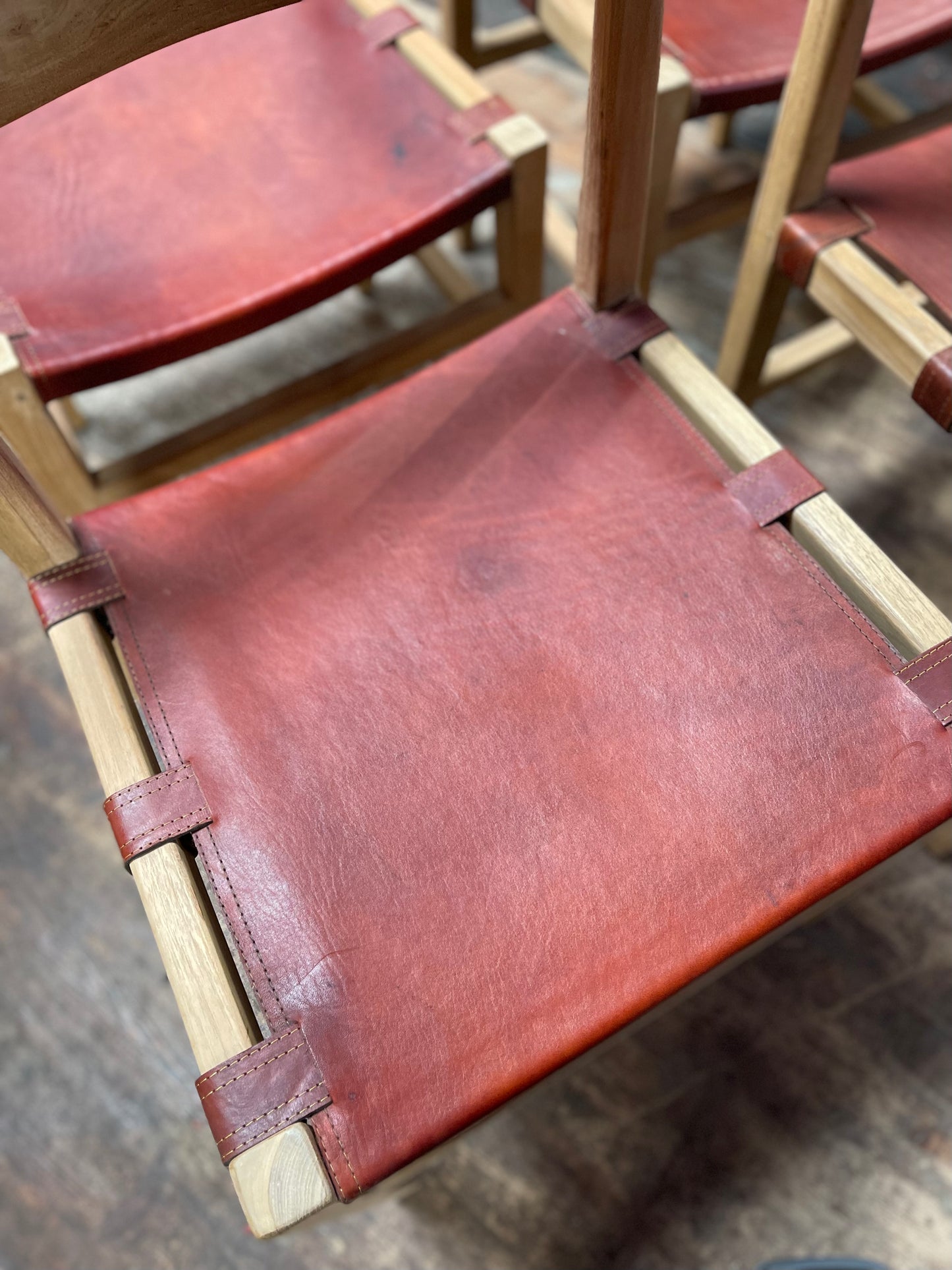 Set of 4 Scandi style light wood dining chairs with leather seats