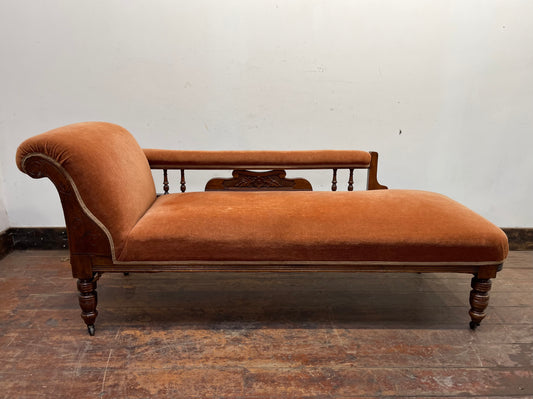 Edwardian antique chaise longue in orange velvet upholstery