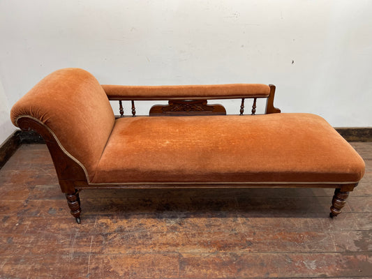 Edwardian antique chaise longue in orange velvet upholstery