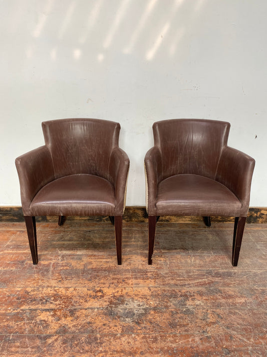 Pair of brown leather and fabric tub chairs