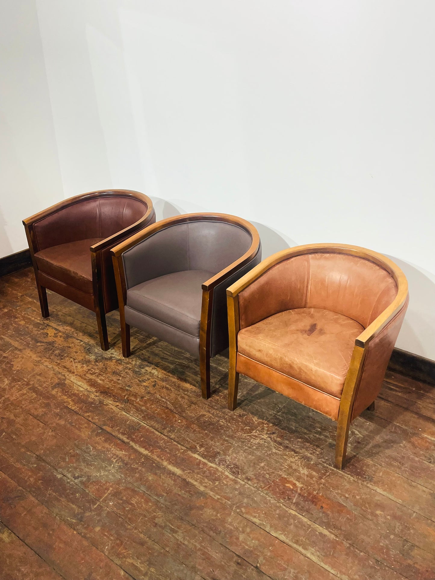Set of 3 Real Leather Tub Chairs Brown Tan Grey Wooden Frame Armchairs