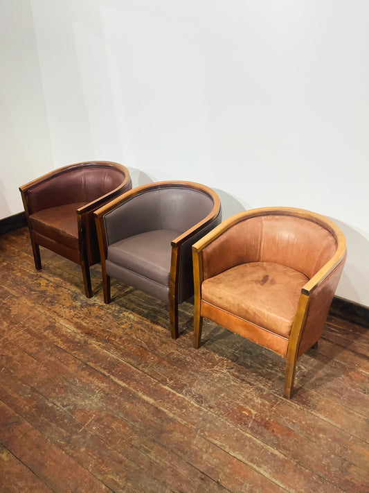 Set of 3 Real Leather Tub Chairs Brown Tan Grey Wooden Frame Armchairs