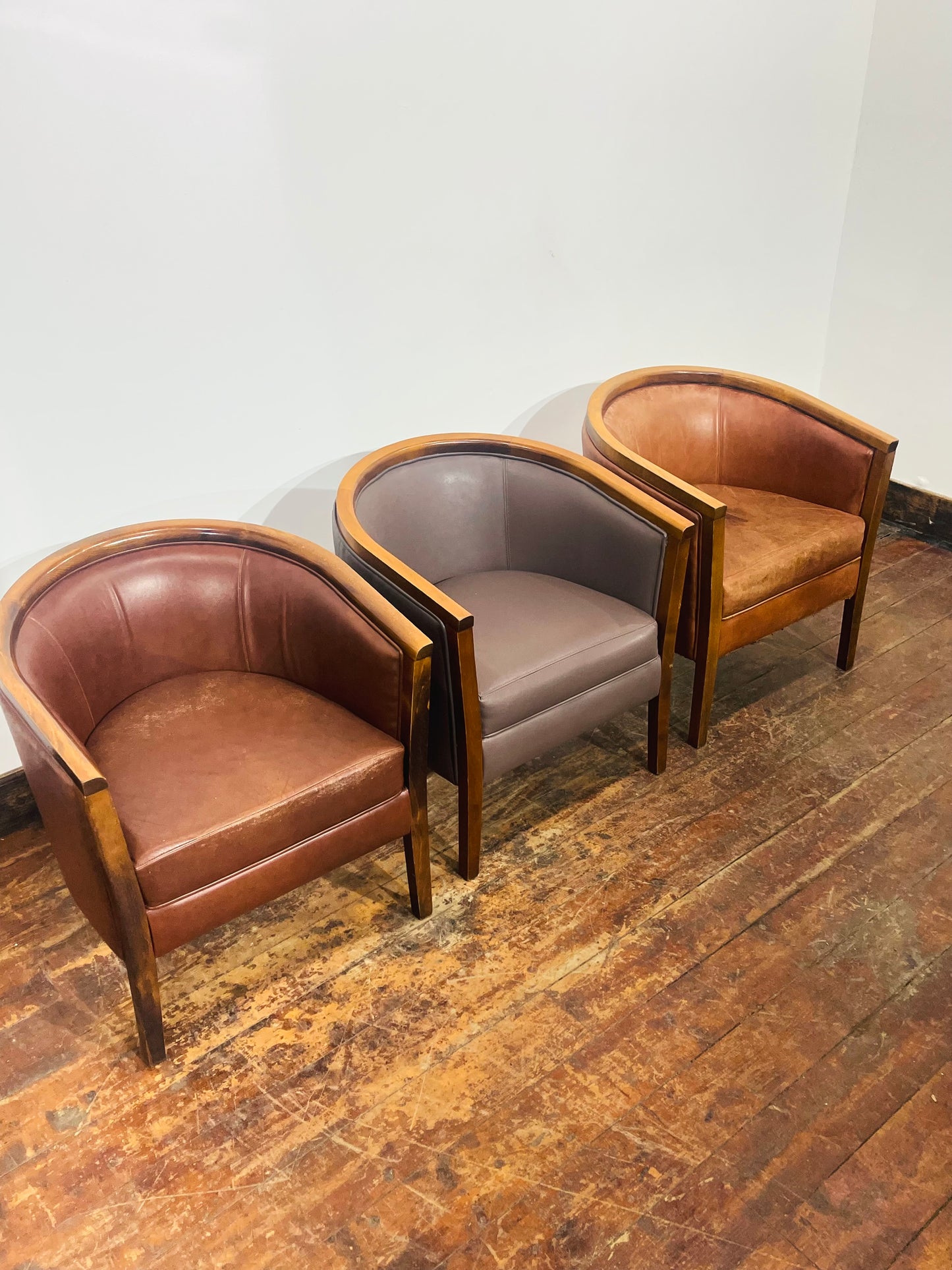 Set of 3 Real Leather Tub Chairs Brown Tan Grey Wooden Frame Armchairs