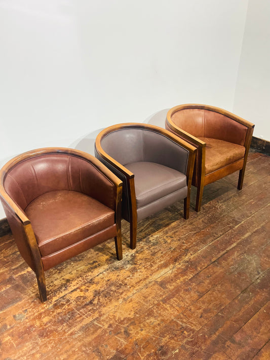 Set of 3 Real Leather Tub Chairs Brown Tan Grey Wooden Frame Armchairs