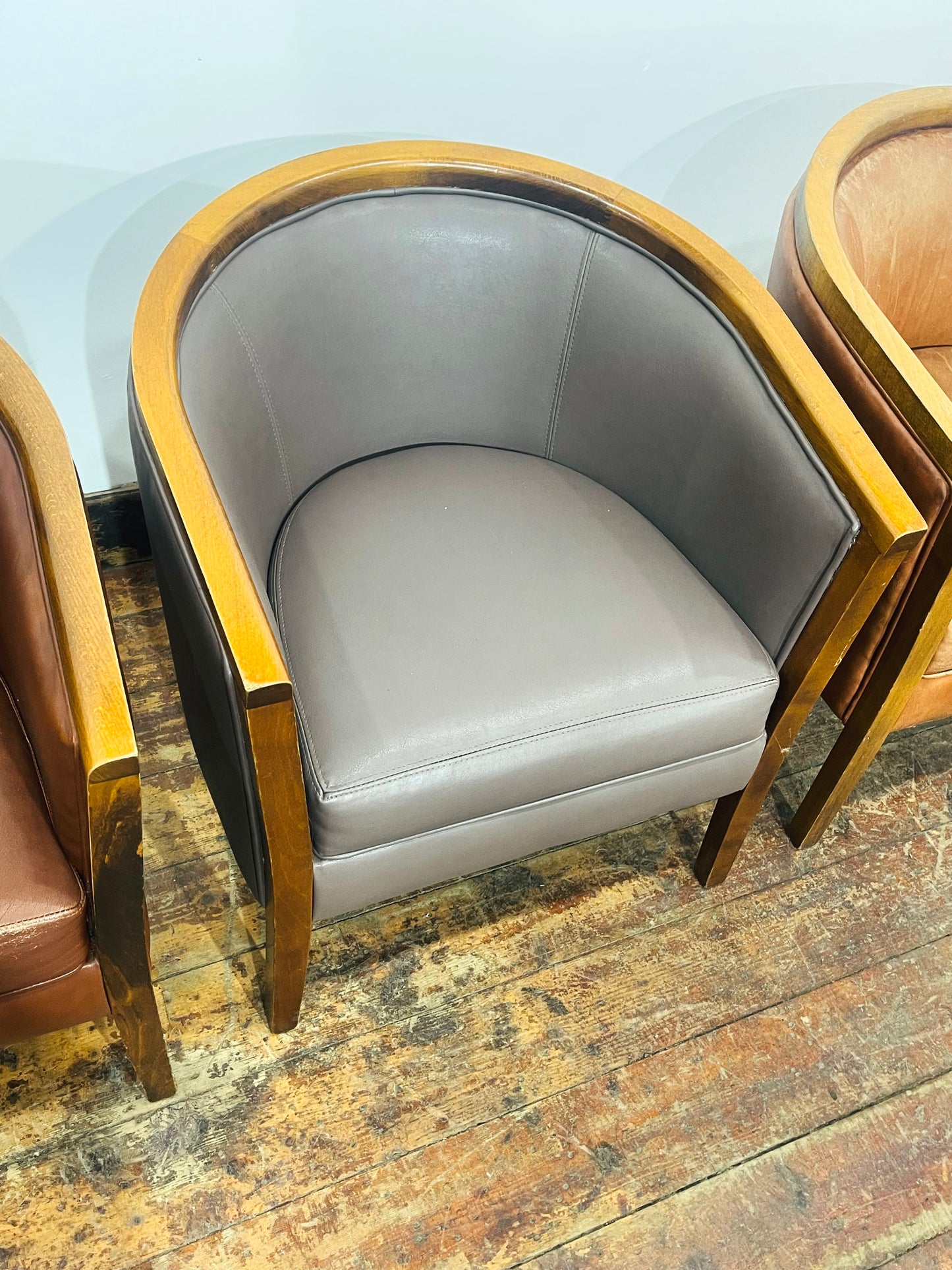 Set of 3 Real Leather Tub Chairs Brown Tan Grey Wooden Frame Armchairs