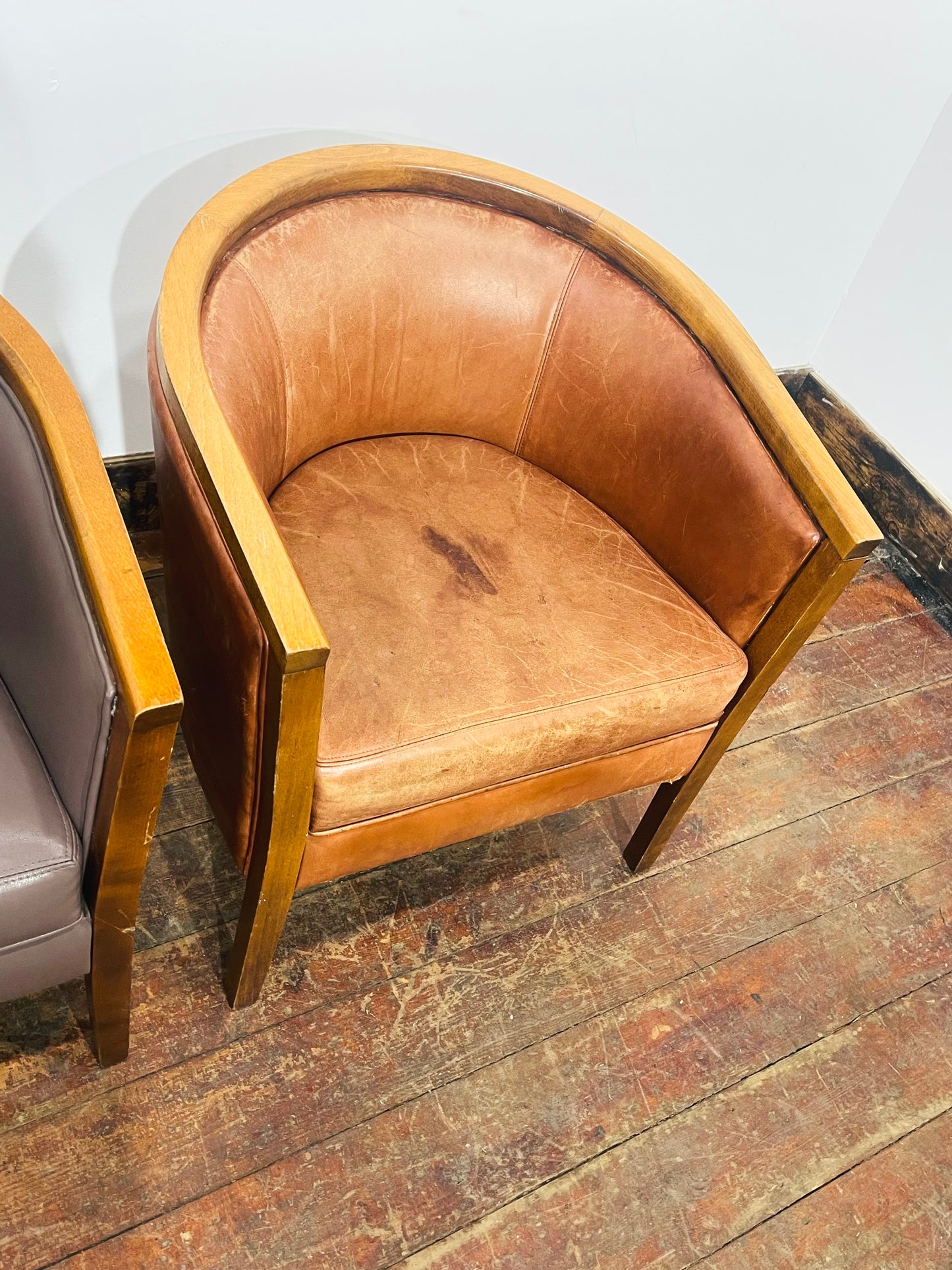 Set of 3 Real Leather Tub Chairs Brown Tan Grey Wooden Frame Armchairs