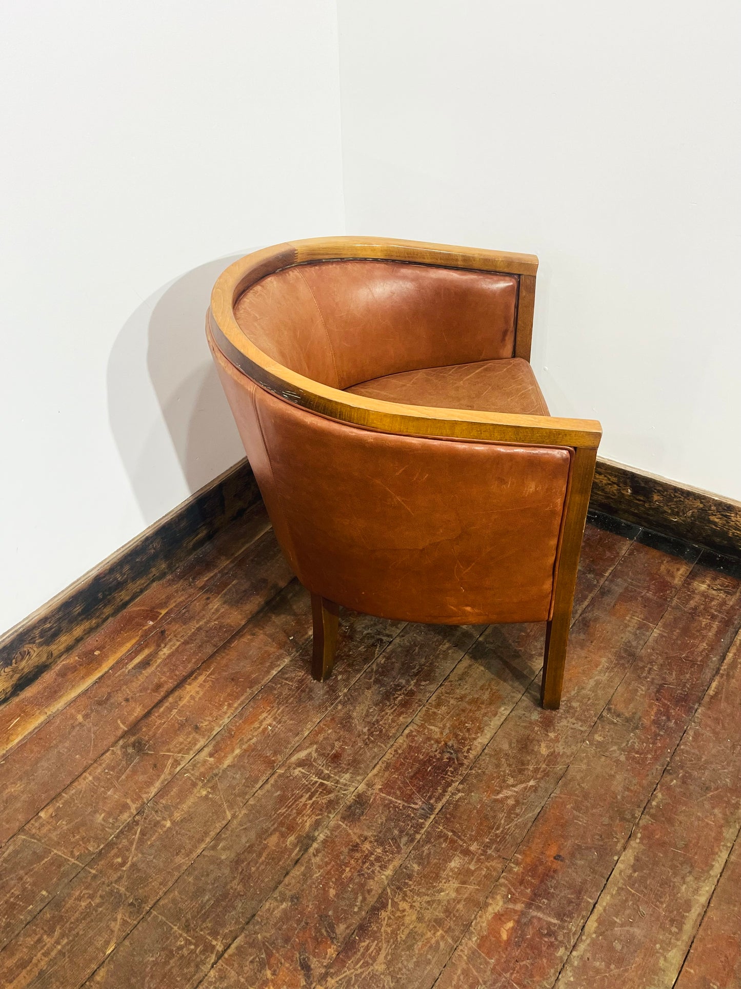 Set of 3 Real Leather Tub Chairs Brown Tan Grey Wooden Frame Armchairs
