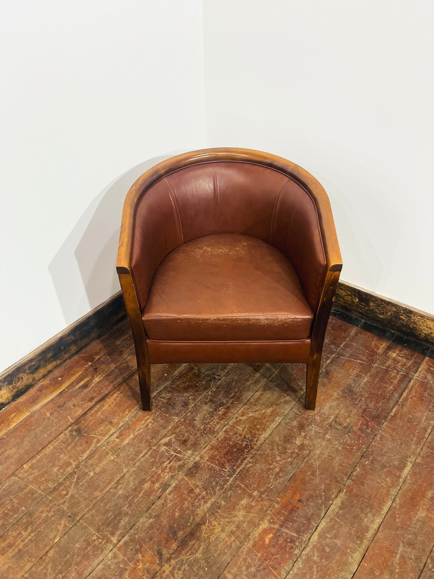Set of 3 Real Leather Tub Chairs Brown Tan Grey Wooden Frame Armchairs