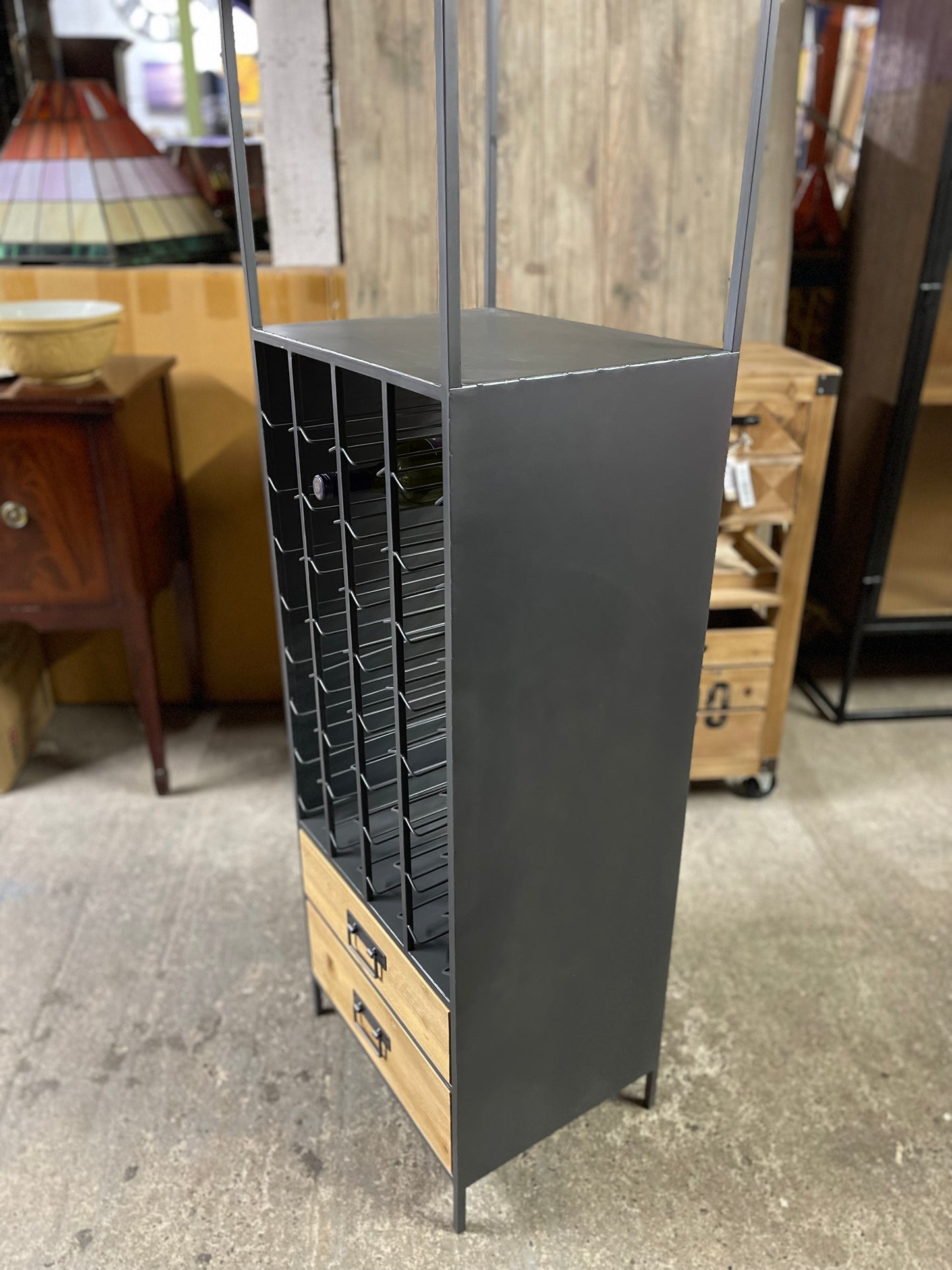 Tall industrial style wine bottle rack / storage unit
