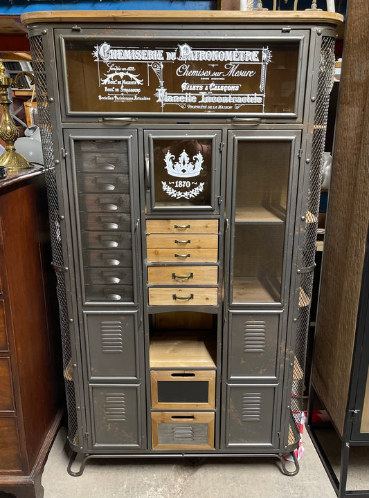 Industrial style cabinet with glass doors and metal drawers