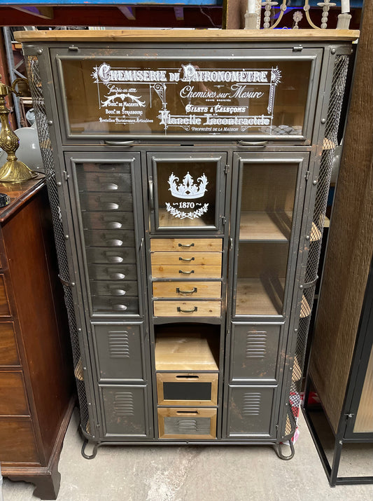 Industrial style cabinet with glass doors and metal drawers