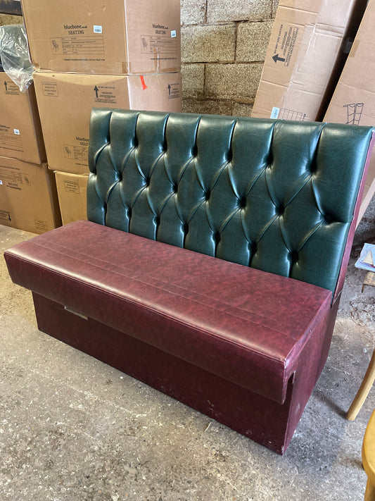 Single fixed seating pub bench in red green faux-leather