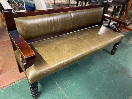 Long green leather pub bench