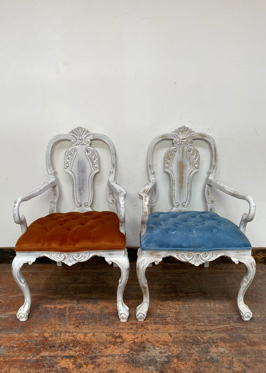 Pair of white shabby chic chairs blue and orange