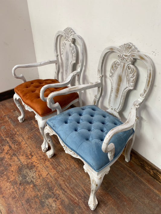 Pair of white shabby chic chairs blue and orange