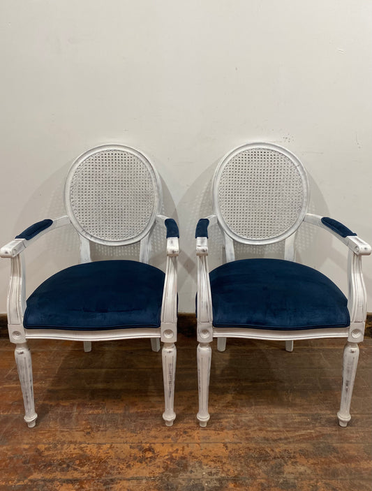 Pair of white shabby chic chairs with blue seats