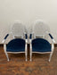 Pair of white shabby chic chairs with blue seats