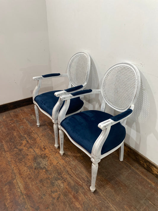 Pair of white shabby chic chairs with blue seats