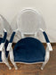 Pair of white shabby chic chairs with blue seats