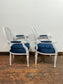 Pair of white shabby chic chairs with blue seats