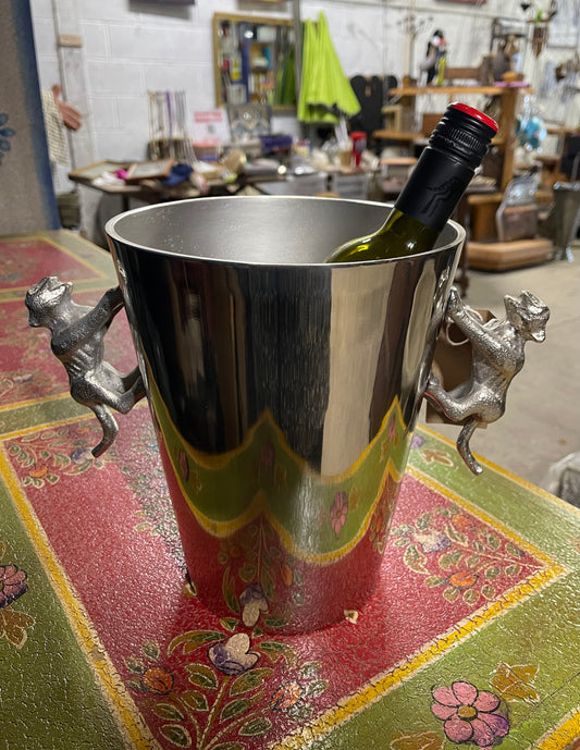 Silver metal ice bucket with big cat handles