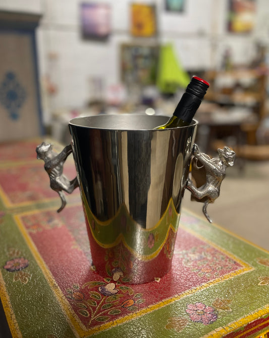 Silver metal ice bucket with big cat handles