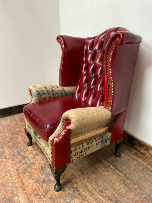 Deconstructed wingback armchair in red leather