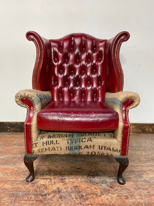 Deconstructed wingback armchair in red leather