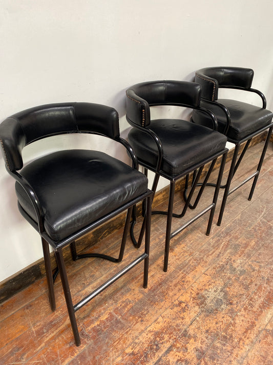 3 x metal framed bar stools with curved leather back